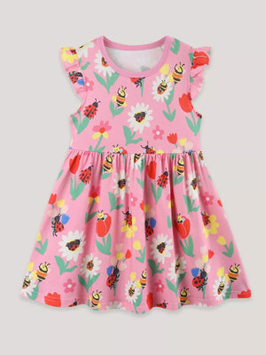 Toddler pink cotton dress with ruffle sleeves and a playful ladybug and bee floral print.