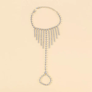 Rhinestone fringe hand chain bracelet with a ring, 18K gold-plated, boho chic style.