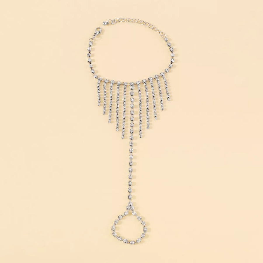 Rhinestone fringe hand chain bracelet with a ring, 18K gold-plated, boho chic style.