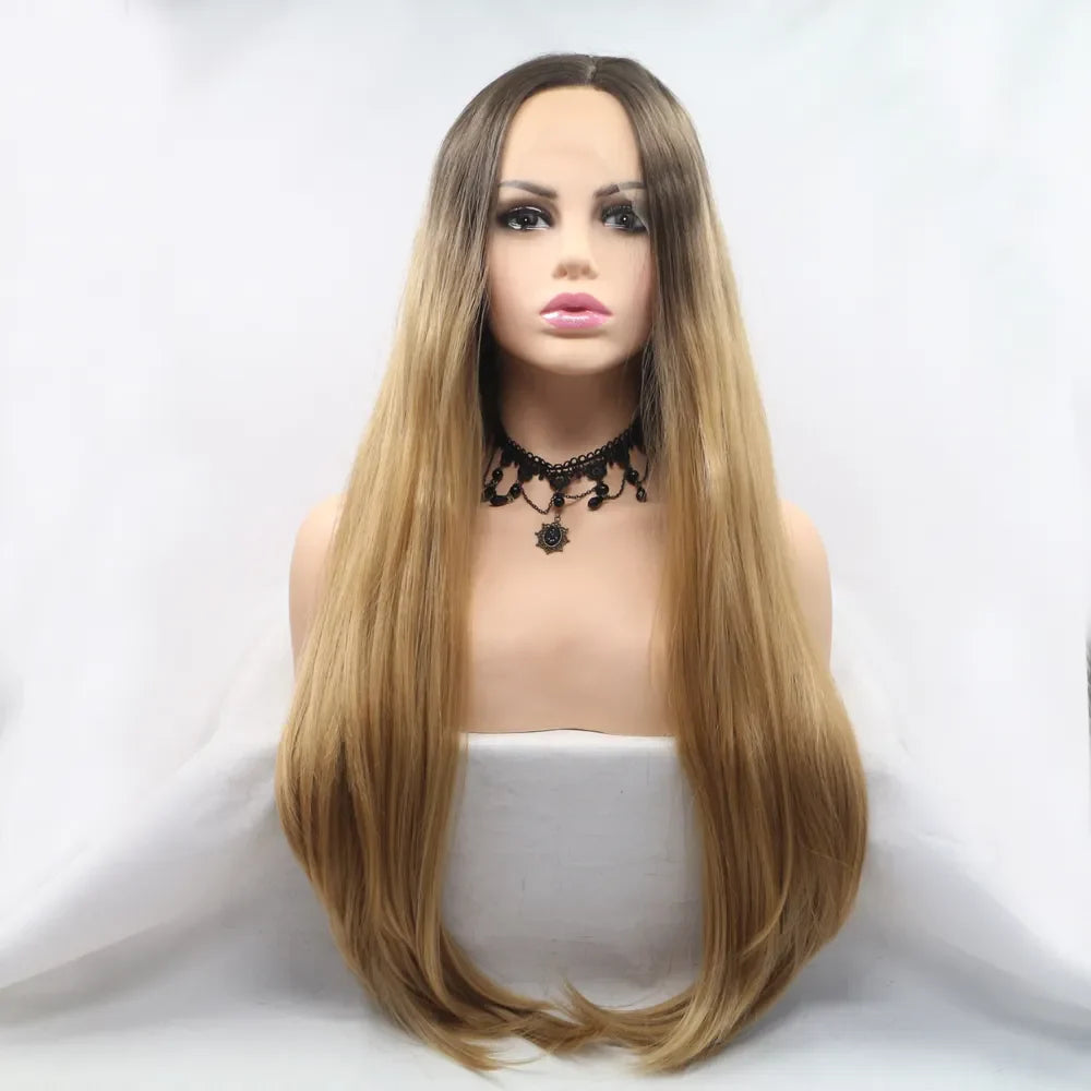 Ombre lace front wig in brown and khaki, long straight synthetic hair