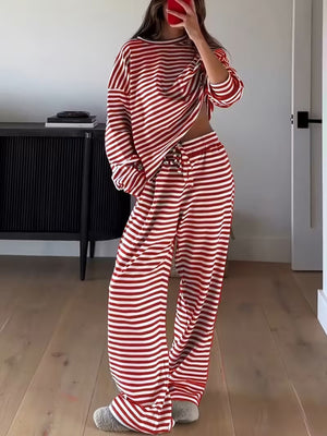 Blue pajama set with pullover, drawstring, elastic and striped