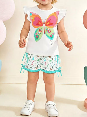 Baby girl's white cotton set with butterfly graphic tee and animal print shorts