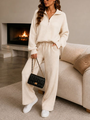 cream lounge set with ribbed and collared