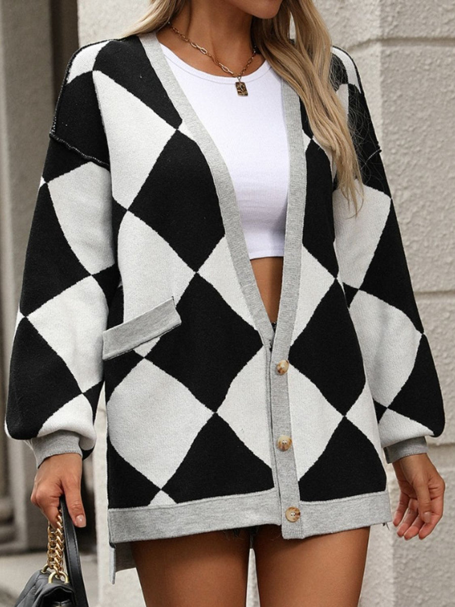 Black and white argyle knit cardigan with grey trim and long sleeves