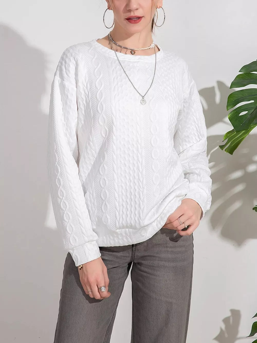 White Textured Knit Crewneck Sweatshirt