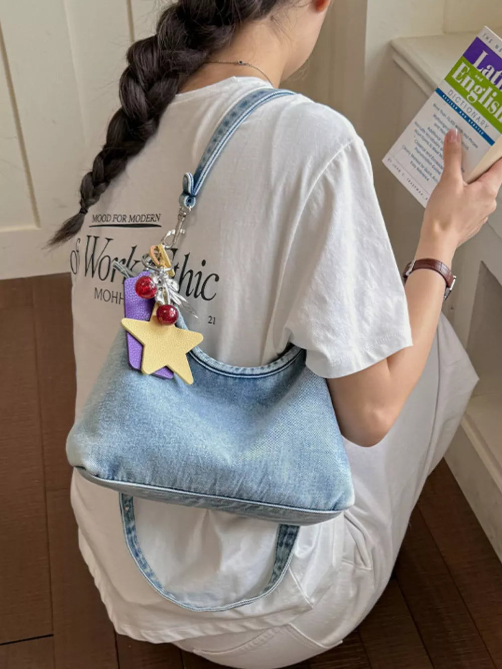 Star Charm Denim Shoulder Bag in Medium