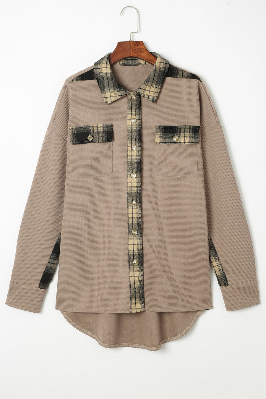 Tan waffle knit overshirt with plaid trim on collar, placket, and chest pockets.