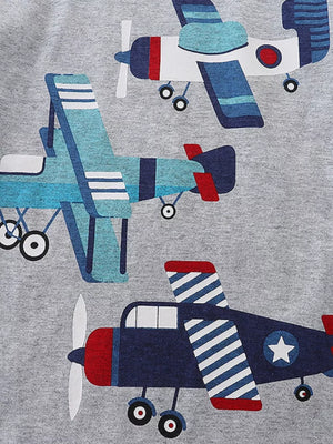 Toddler grey cotton crew neck t-shirt with playful airplane graphics.