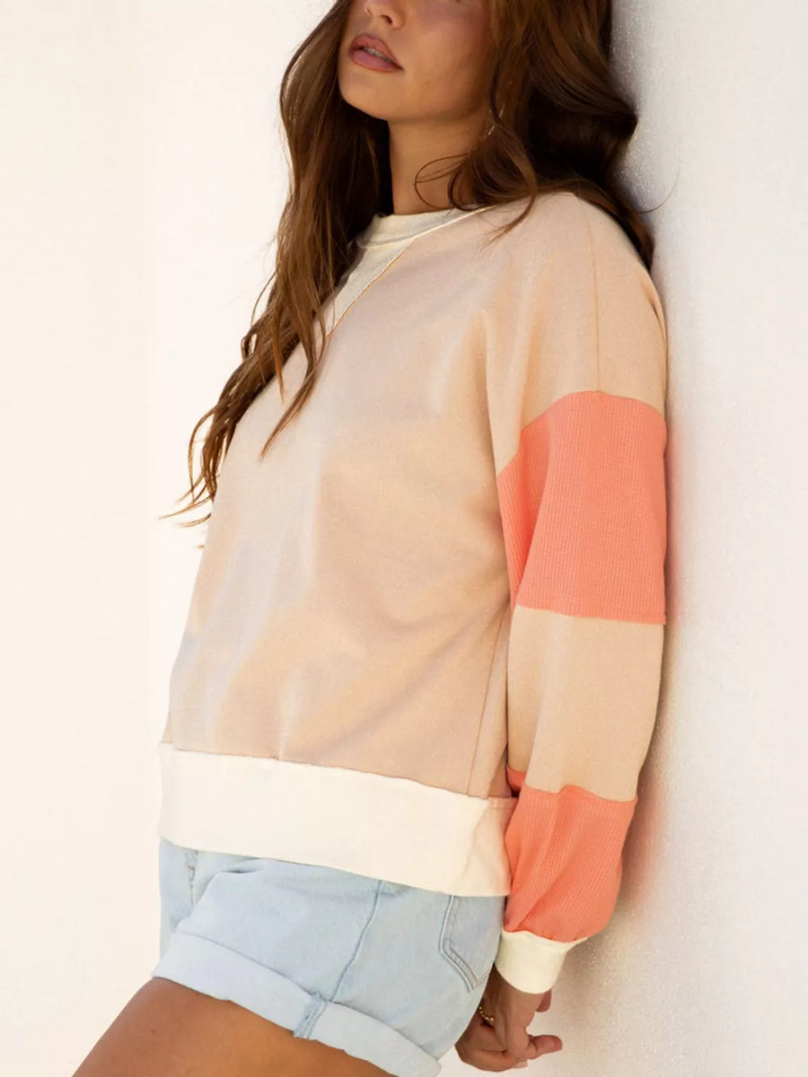 Color Block Textured Patchwork Pullover Sweatshirt option 4