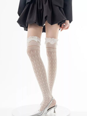 Lace Over-the-knee Hollow-out Stockings in Coffee with lace trim