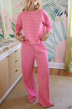 Chic pink striped cotton two-piece set with crew neck top and button-front wide leg pants.