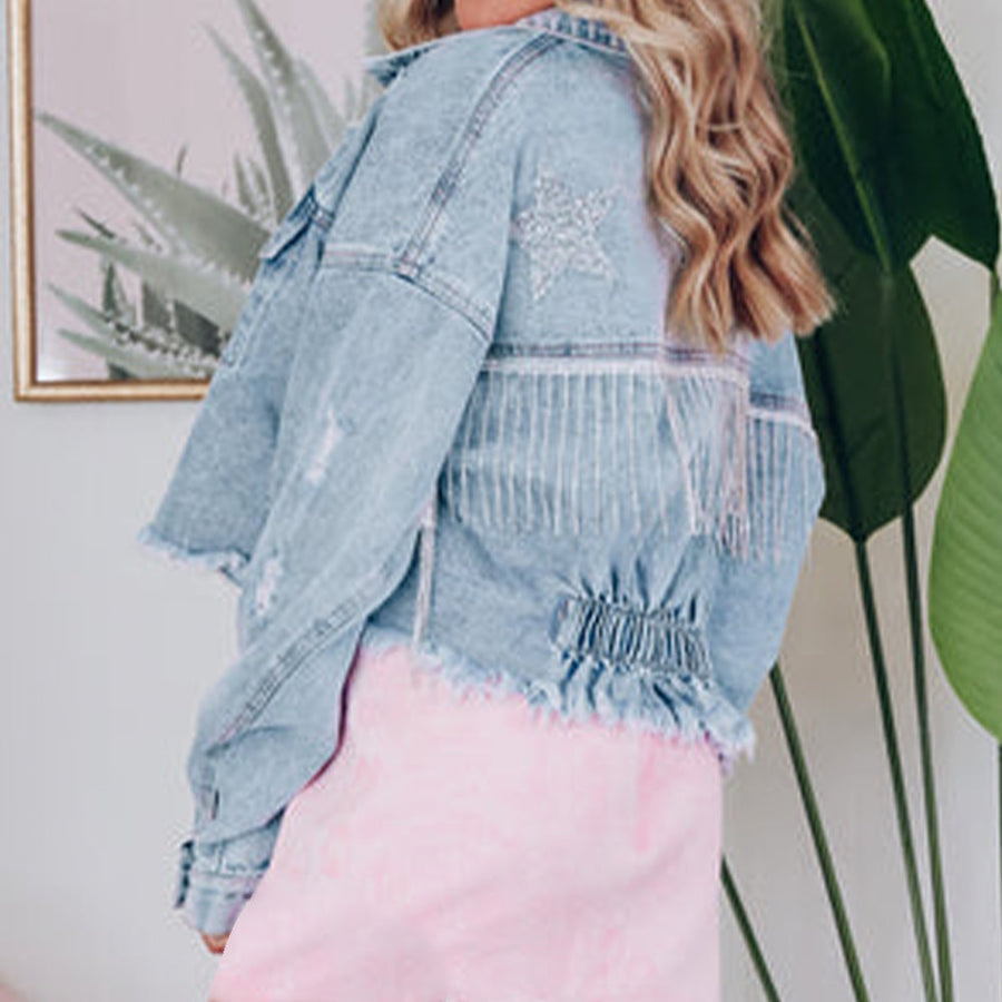 Light wash denim trucker jacket with fringe and star detail