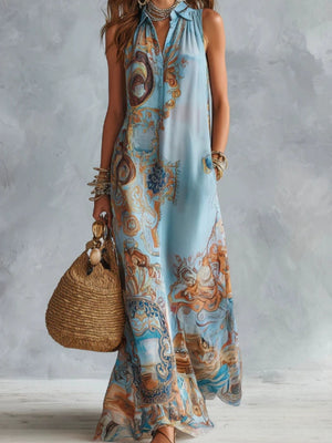 shirt dress in sky blue with bohemian-print and buttoned