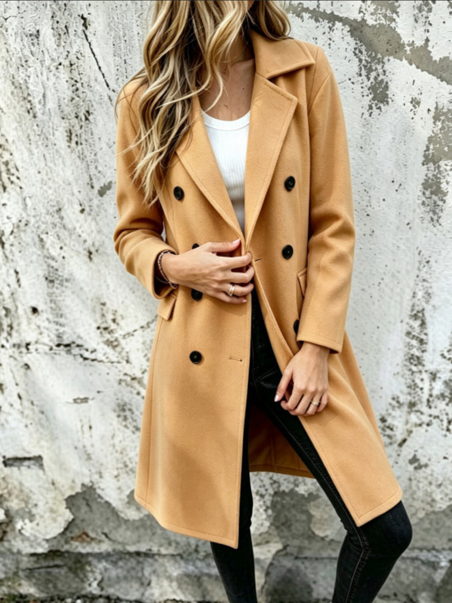 overcoat in camel featuring double-breasted and regular fit