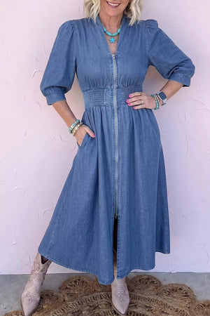 V Neck Shirred Waist Denim Midi Dress