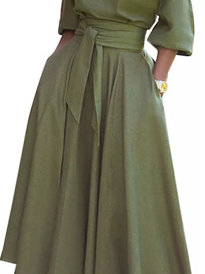 Matcha green off-the-shoulder belted dress with pockets and a tie waist.