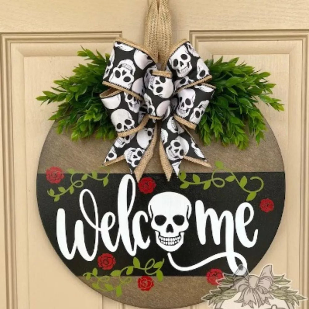 white door hanger featuring skull graphic and skull-print