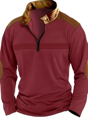 Burgundy quarter-zip pullover with contrast collar, shoulder panels, elbow patches, and horizontal chest stripes.