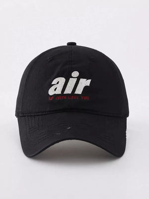 Black baseball cap with embroidered white "air" text and red text below.