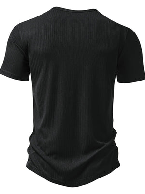 Men's black ribbed short sleeve t-shirt with a curved hem.