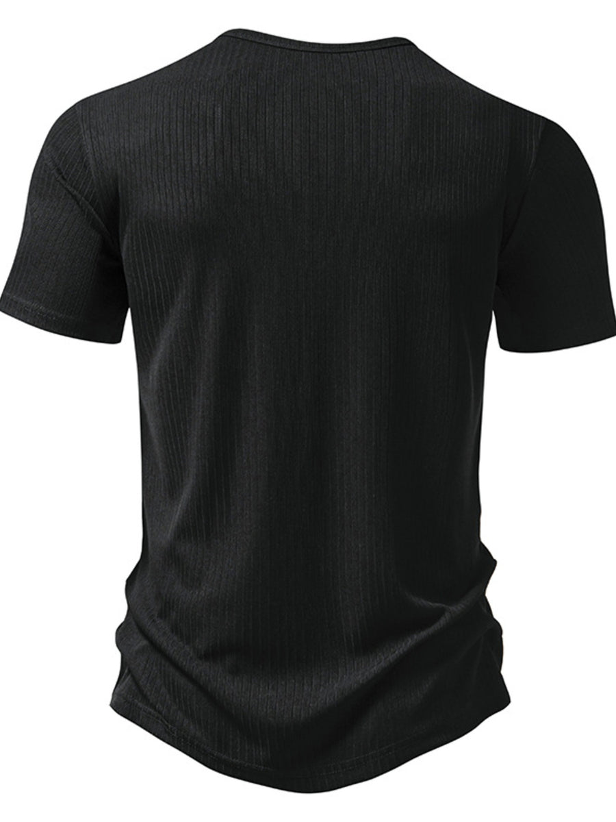 Men's black ribbed short sleeve t-shirt with a curved hem.