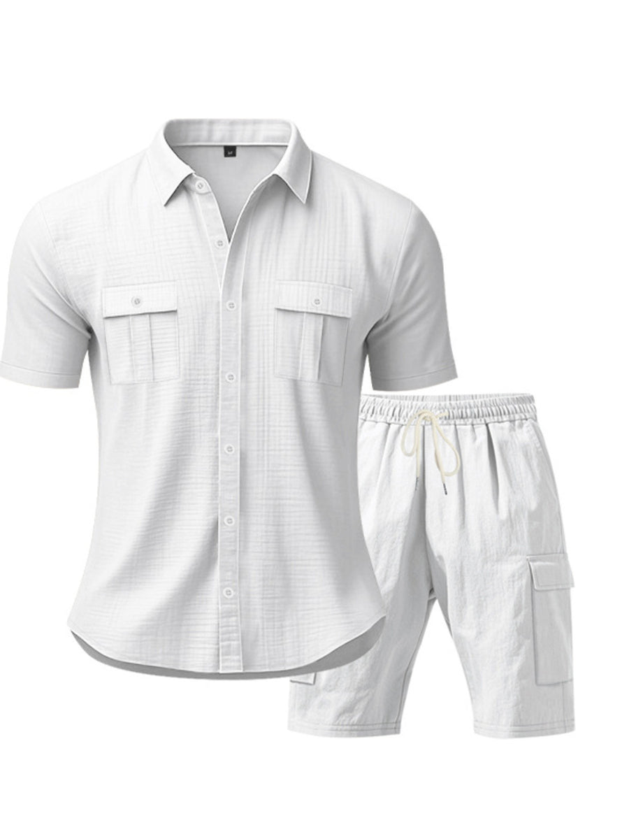White button-up shirt and drawstring shorts set with dual chest pockets and cargo pockets.