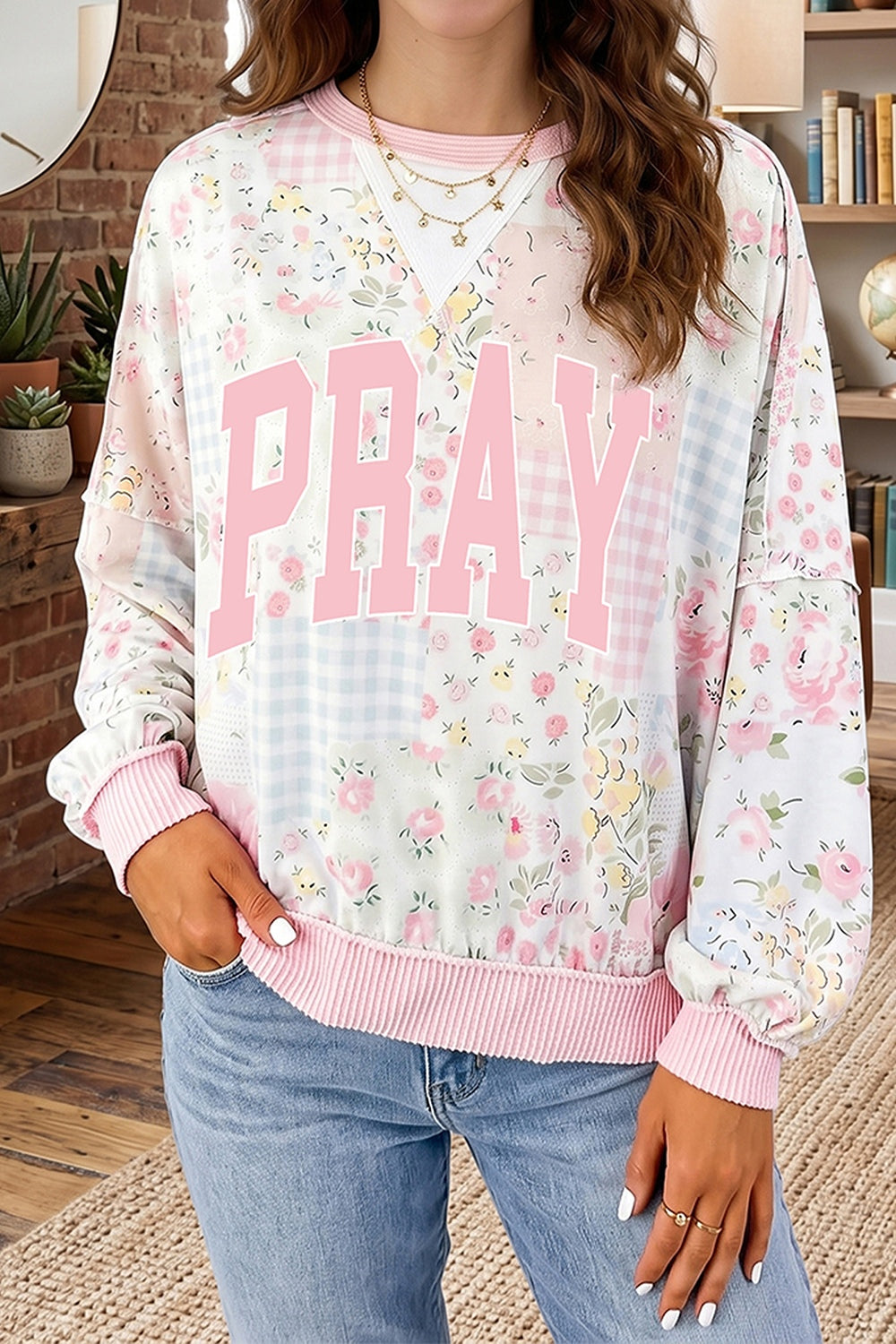 white sweatshirt with patchwork and crew neck