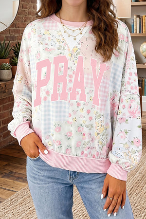 white sweatshirt with patchwork and crew neck