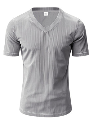 Grey ribbed V-neck t-shirt with short sleeves and a slim fit.