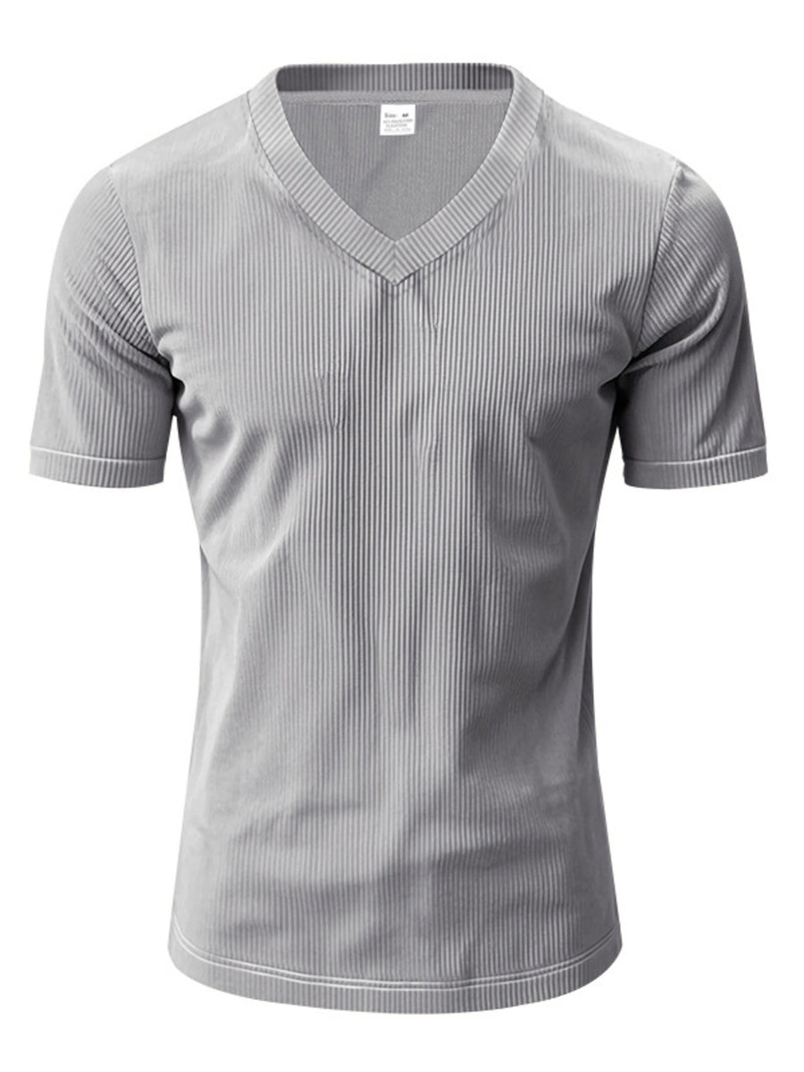 Grey ribbed V-neck t-shirt with short sleeves and a slim fit.