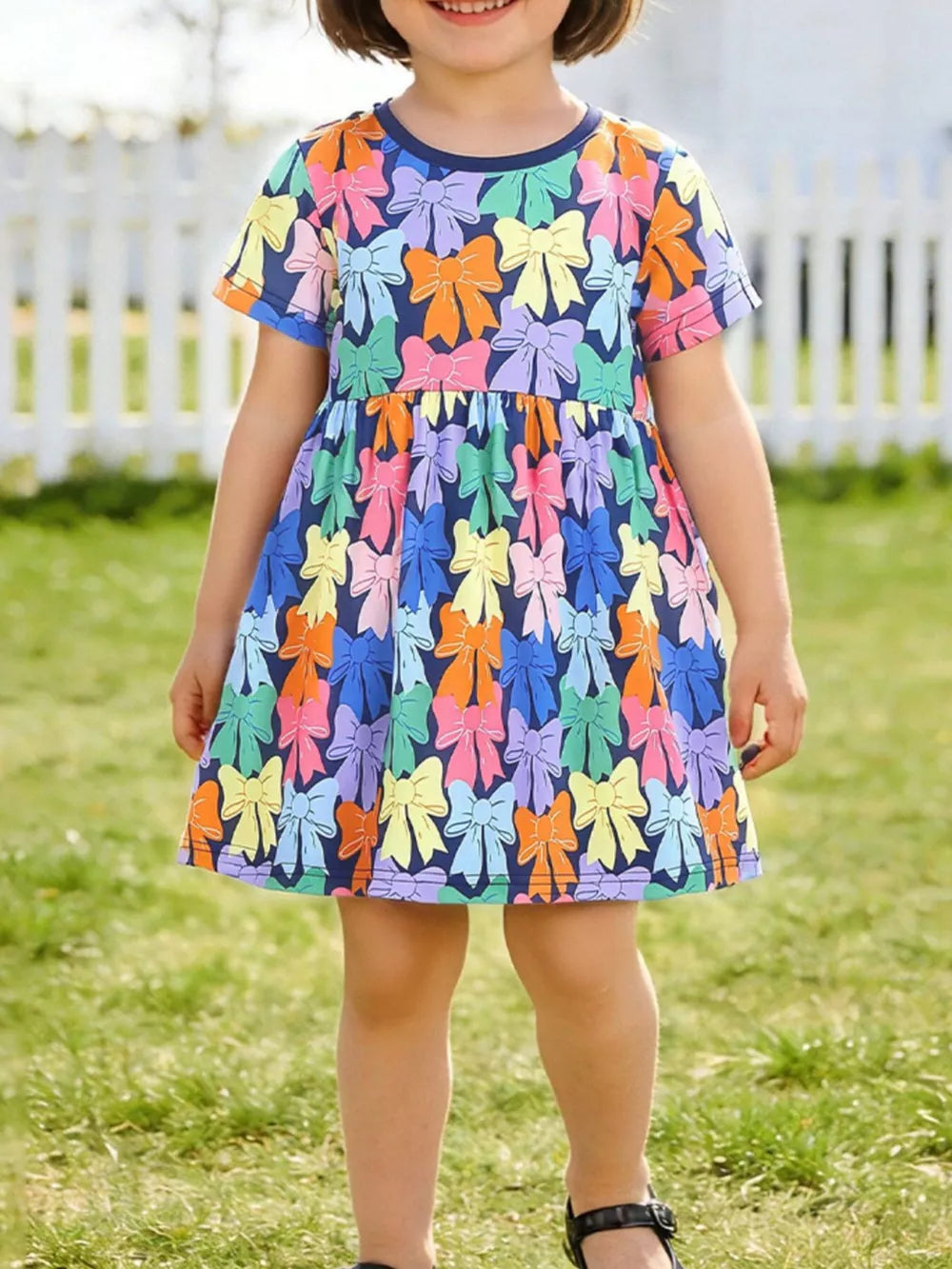 Toddler girls' a-line dress with colorful bow print, short sleeves, and round neckline.