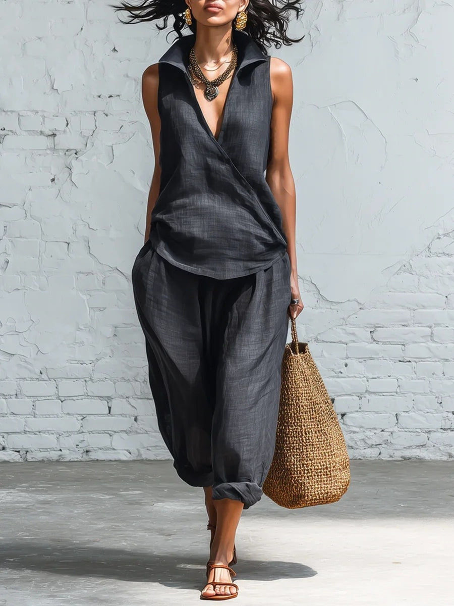two-piece set in charcoal featuring pocketed and relaxed fit