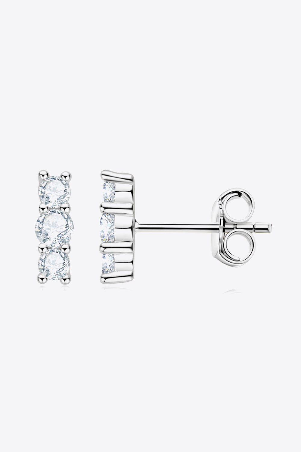 Silver triple stone bar stud earrings with clear cubic zirconia stones