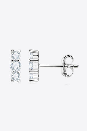 Silver triple stone bar stud earrings with clear cubic zirconia stones