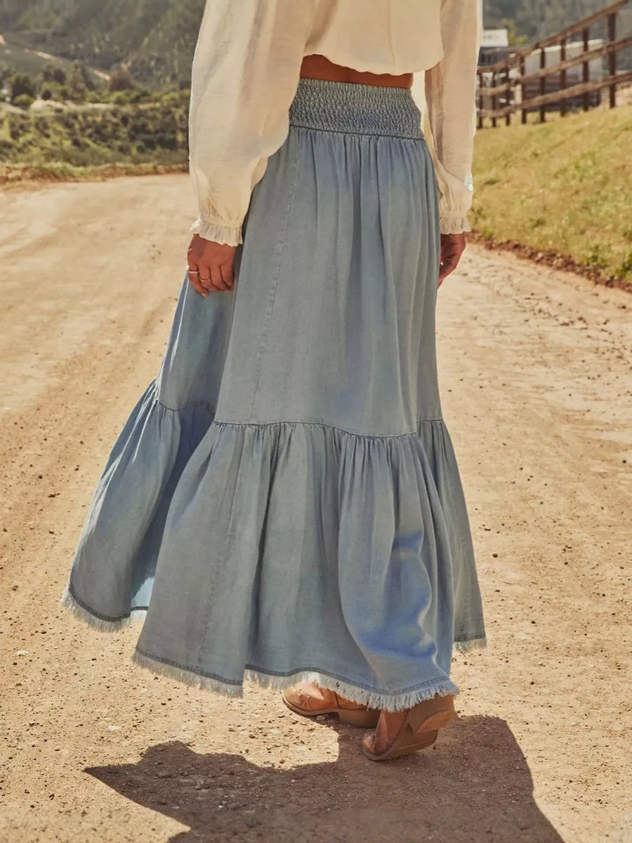 light blue maxi skirt with high-low and drawstring, elastic