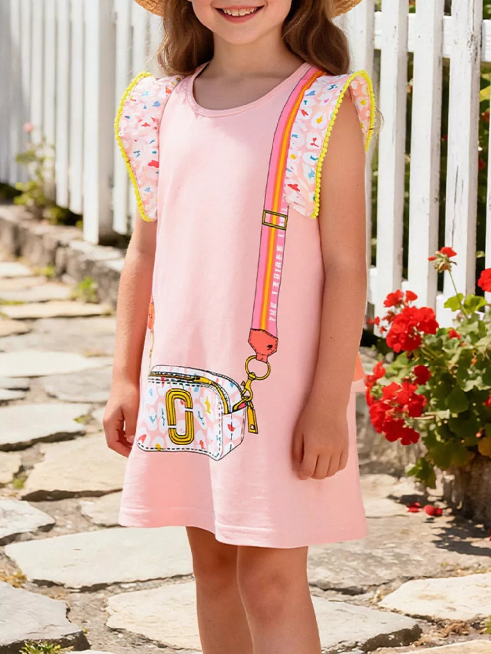Pink cotton above-knee dress with cap sleeves and cartoon bag print