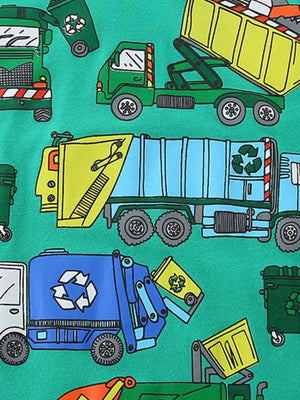 Baby t-shirt with a playful cartoon garbage truck print on green cotton.