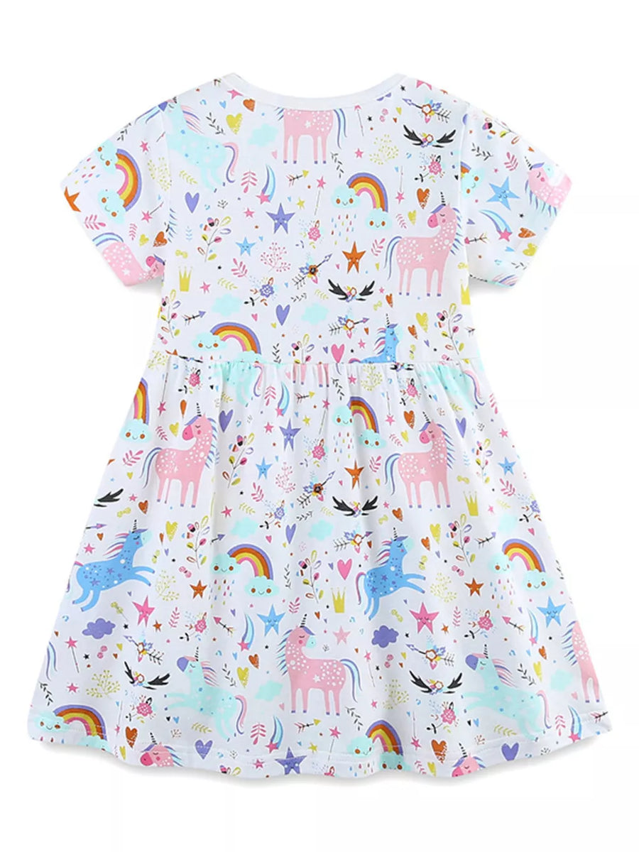 Toddler unicorn print cotton dress with short sleeves and rainbow accents.