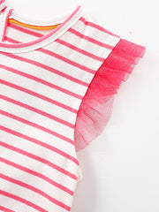Toddler dress with pink stripes and flutter tulle sleeves.