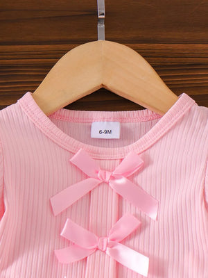 Children's Ribbed Bow Top And Shorts Set in Pink