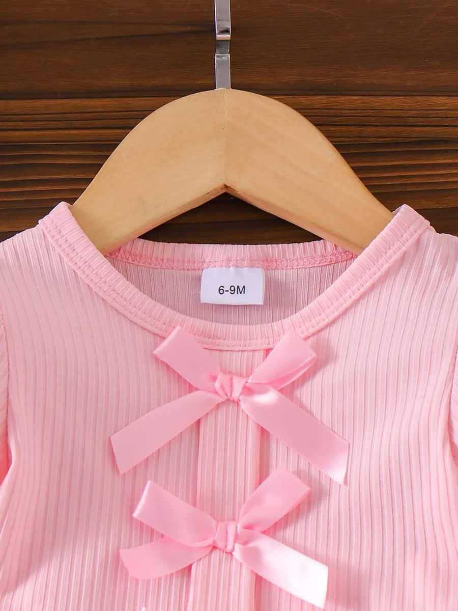 Children's Ribbed Bow Top And Shorts Set in Pink
