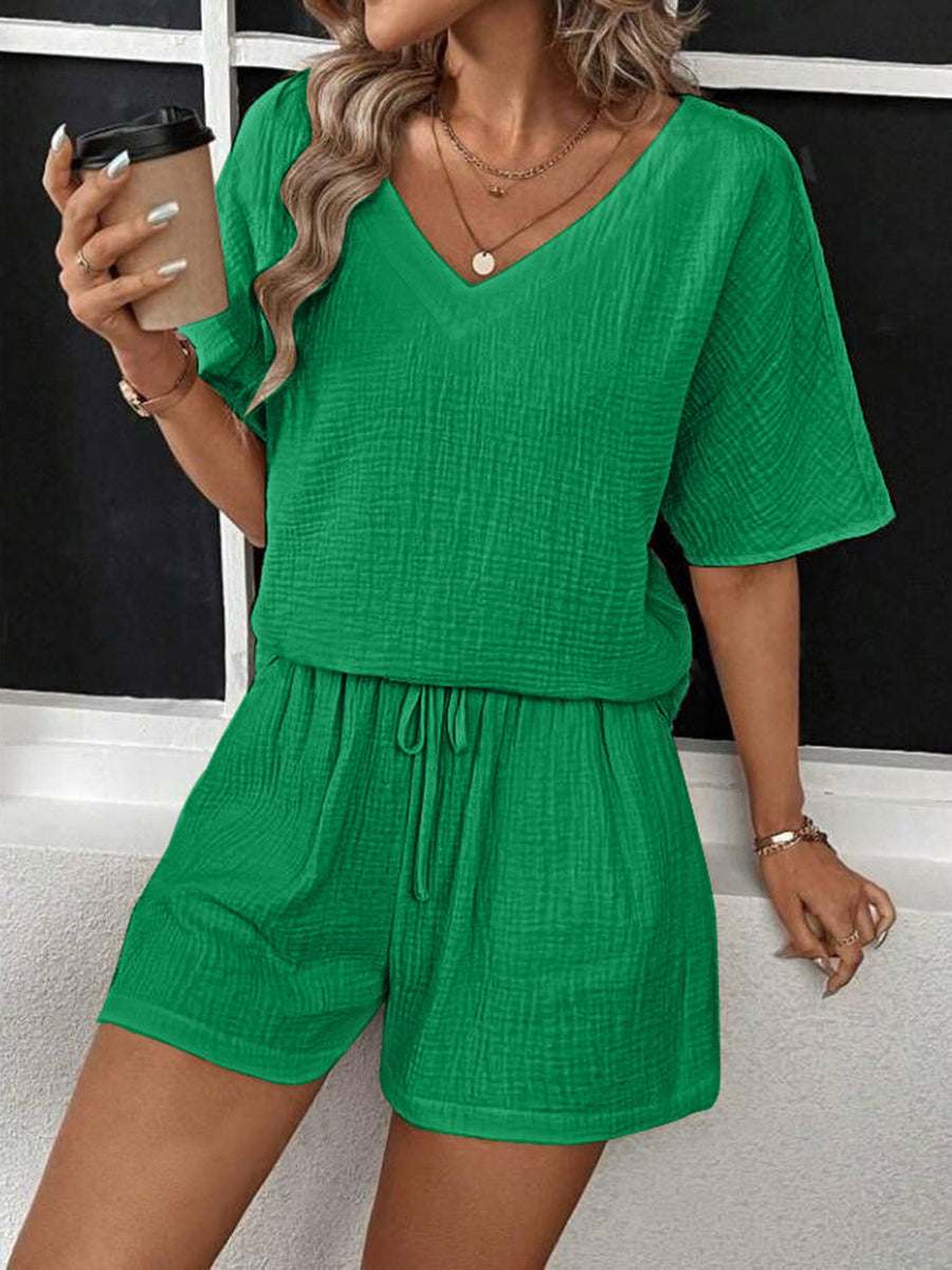 Green textured gauze lounge set with V-neck top and drawstring shorts