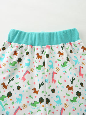 Baby cotton shorts with dinosaur and animal print and teal waistband