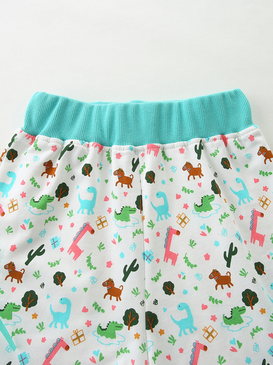 Baby cotton shorts with dinosaur and animal print and teal waistband