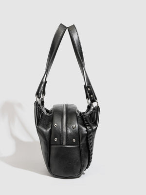 PU Leather Shoulder Bag With Woven Detail in black with woven detail