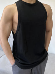 Black sculpted muscle tank with open sides and a crew neck.