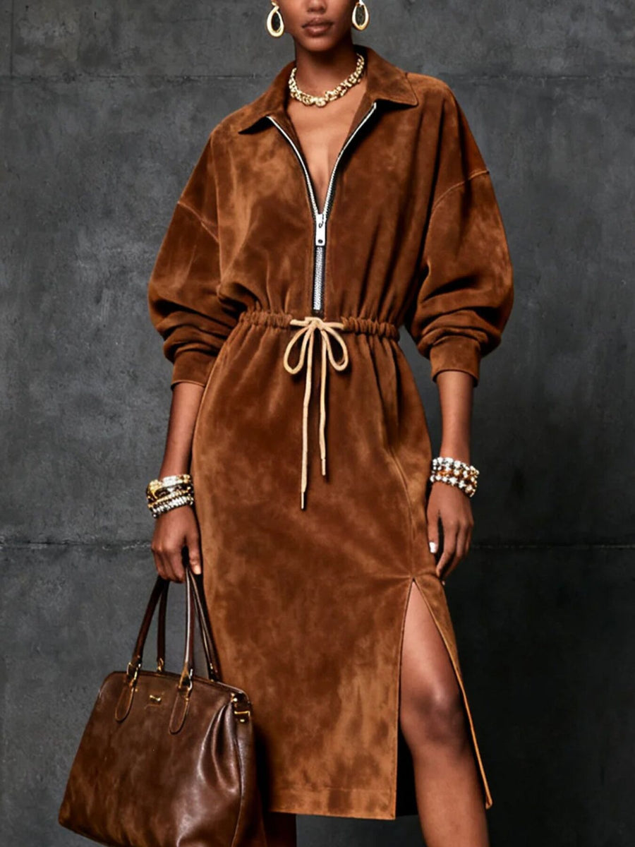 midi dress in camel featuring drawstring and relaxed fit