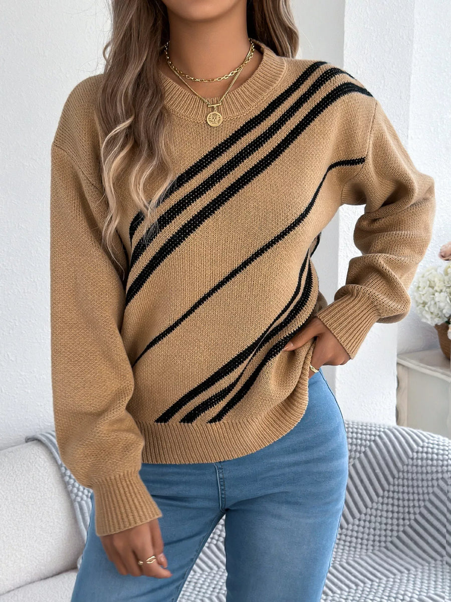 Khaki acrylic blend sweater with black diagonal stripes and round neck.