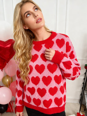 cherry red pullover sweater featuring dropped shoulder and heart-print