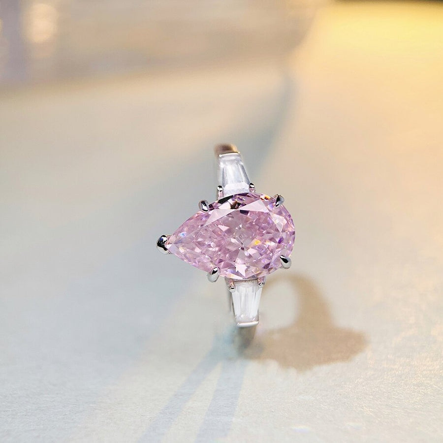 Prong-Set 925 Sterling Silver Zircon Teardrop Ring in pink with teardrop cut zircon
